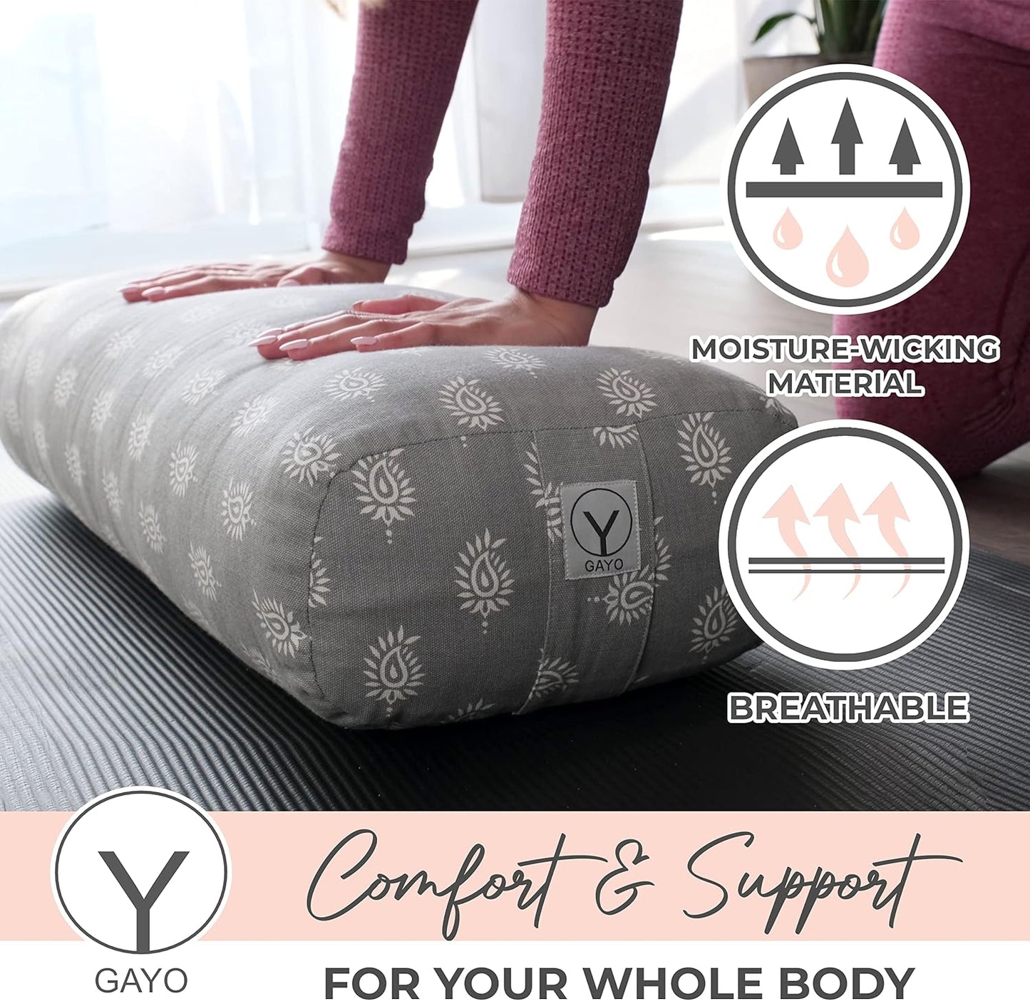 Yoga Bolster - Made with 100% Cotton, Yoga Pillow Set Includes Extra Washable Cover and Carry Bag