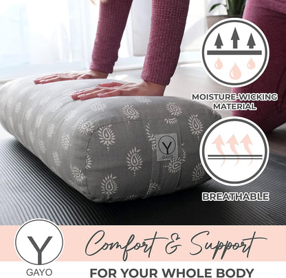Yoga Bolster - Made with 100% Cotton, Yoga Pillow Set Includes Extra Washable Cover and Carry Bag