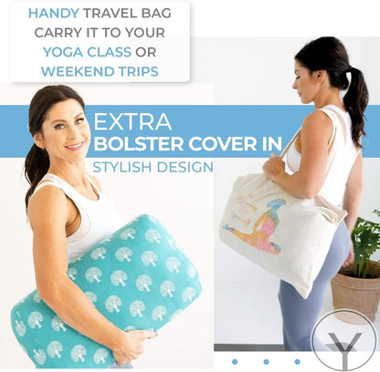 Yoga Bolster - Made with 100% Cotton, Yoga Pillow Set Includes Extra Washable Cover and Carry Bag