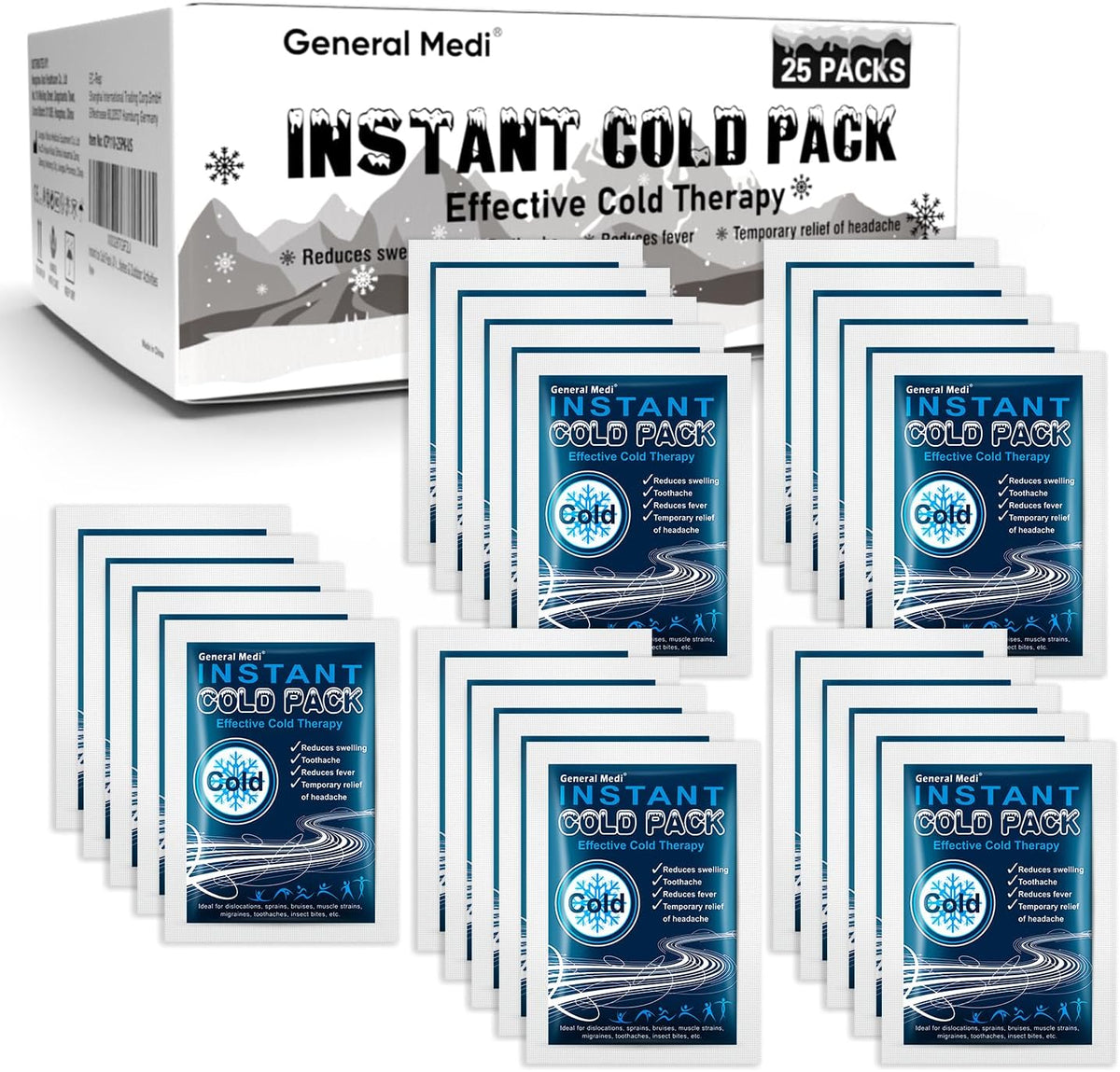 Instant Ice Cold Pack (4”x 5.5”) – 25 Packs Disposable Cold Therapy Ice Packs for Pain Relief, Swelling, Inflammation, Sprains, Toothache – for Athletes & Outdoor Activities