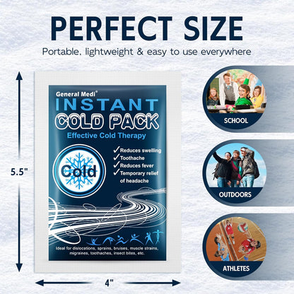 Instant Ice Cold Pack (4”x 5.5”) – 25 Packs Disposable Cold Therapy Ice Packs for Pain Relief, Swelling, Inflammation, Sprains, Toothache – for Athletes & Outdoor Activities