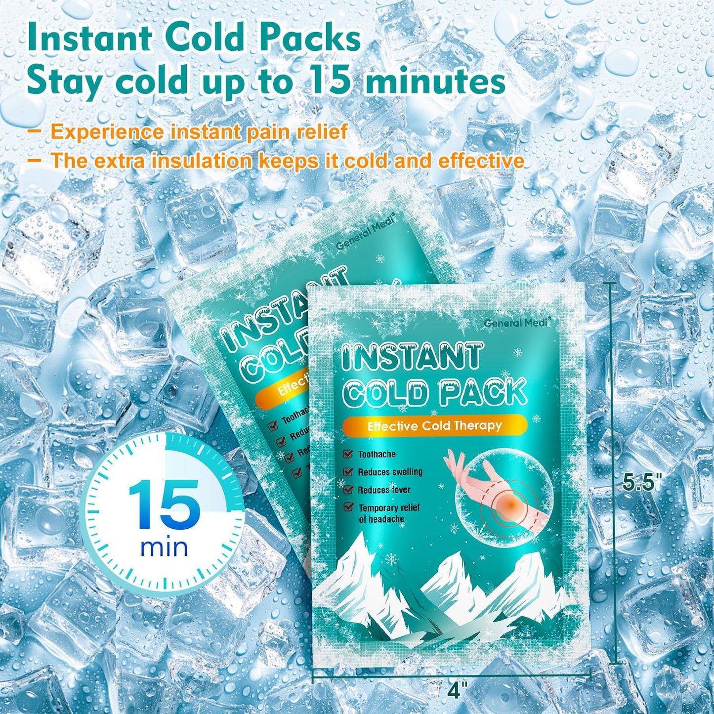 Instant Ice Cold Pack (4”x 5.5”) – 25 Packs Disposable Cold Therapy Ice Packs for Pain Relief, Swelling, Inflammation, Sprains, Toothache – for Athletes & Outdoor Activities