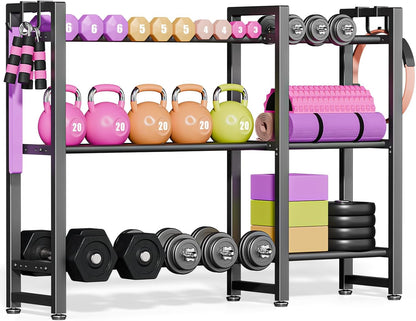 800LBS Capacity Multifunctional Gym Storage Rack with Side Hooks, Heavy Duty Adjustable Weight Storage Rack for Dumbbells Kettlebells Yoga Mat, Space Saving Workout Equipment Storage Organizer