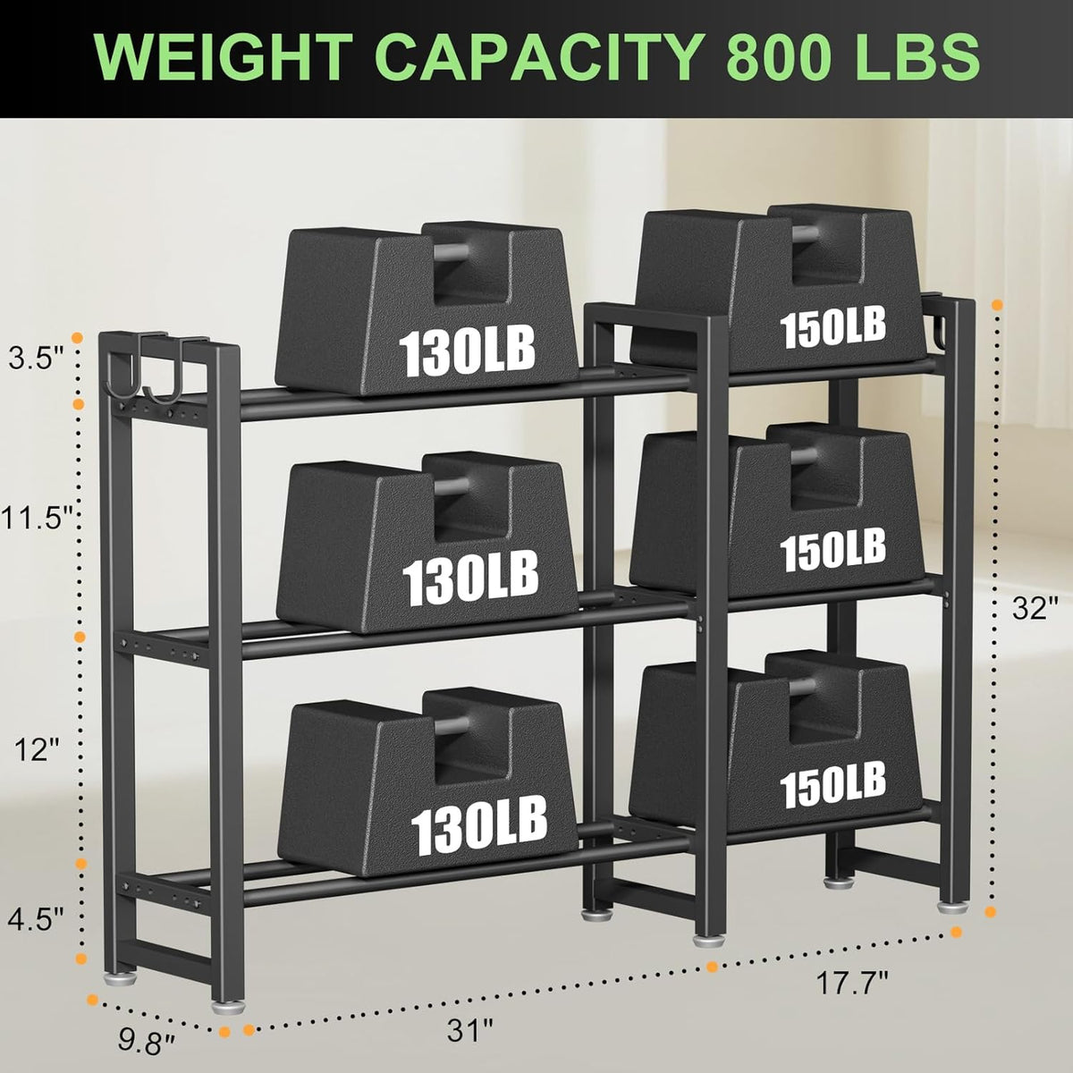 800LBS Capacity Multifunctional Gym Storage Rack with Side Hooks, Heavy Duty Adjustable Weight Storage Rack for Dumbbells Kettlebells Yoga Mat, Space Saving Workout Equipment Storage Organizer