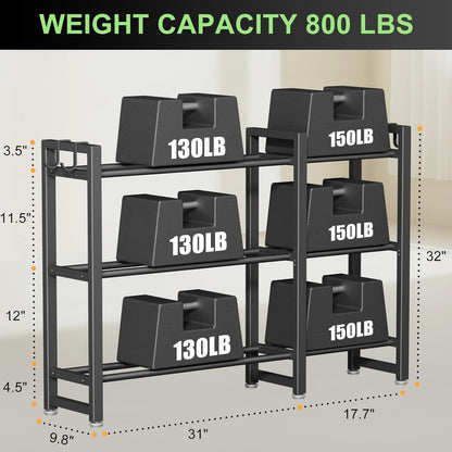 800LBS Capacity Multifunctional Gym Storage Rack with Side Hooks, Heavy Duty Adjustable Weight Storage Rack for Dumbbells Kettlebells Yoga Mat, Space Saving Workout Equipment Storage Organizer