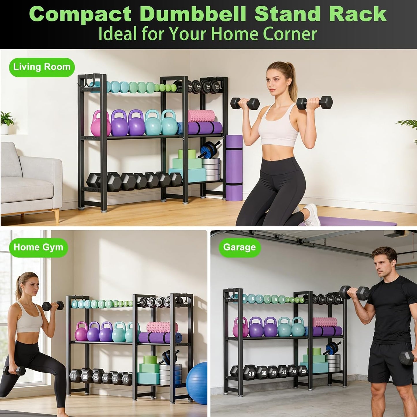 800LBS Capacity Multifunctional Gym Storage Rack with Side Hooks, Heavy Duty Adjustable Weight Storage Rack for Dumbbells Kettlebells Yoga Mat, Space Saving Workout Equipment Storage Organizer