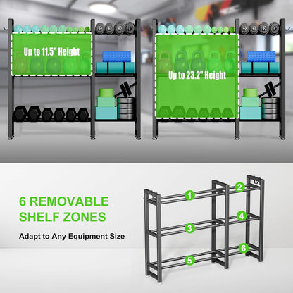 800LBS Capacity Multifunctional Gym Storage Rack with Side Hooks, Heavy Duty Adjustable Weight Storage Rack for Dumbbells Kettlebells Yoga Mat, Space Saving Workout Equipment Storage Organizer