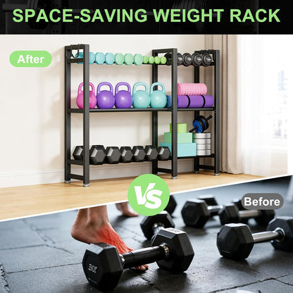 800LBS Capacity Multifunctional Gym Storage Rack with Side Hooks, Heavy Duty Adjustable Weight Storage Rack for Dumbbells Kettlebells Yoga Mat, Space Saving Workout Equipment Storage Organizer