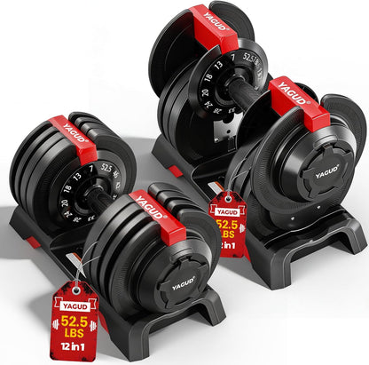 Yagud Adjustable Dumbbell Set, 52.5/90 lbs Weights Dumbbells, 1 Hand Rotation, Safety Lock System, Anti-Slip Textured Handle, Space-Saving Dumbbell Set for Full-Body Home Gym