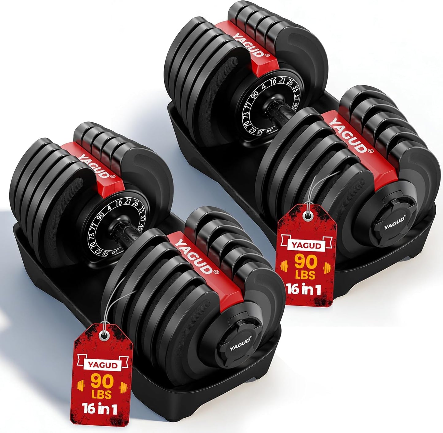 Yagud Adjustable Dumbbell Set, 52.5/90 lbs Weights Dumbbells, 1 Hand Rotation, Safety Lock System, Anti-Slip Textured Handle, Space-Saving Dumbbell Set for Full-Body Home Gym