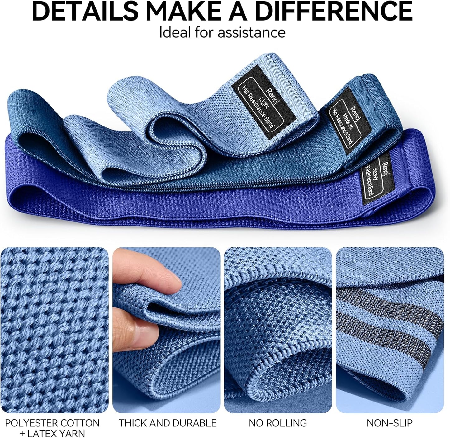 Renoj Resistance Bands for Working Out: 3-Set Professional Exercise Bands for Pilates, Yoga, Home Gym, Booty, Leg Training | Heavy/Medium/Light Fabric Loops for Women Men