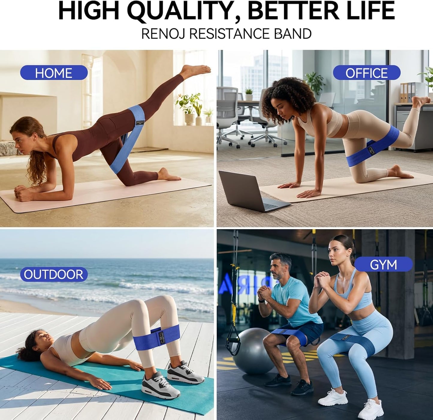 Renoj Resistance Bands for Working Out: 3-Set Professional Exercise Bands for Pilates, Yoga, Home Gym, Booty, Leg Training | Heavy/Medium/Light Fabric Loops for Women Men