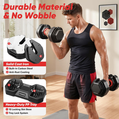 Adjustable Dumbbell Set 50LB, 18-in-1 Free Weight Adjustable Dumbbells, One-Hand Twist Adjust, Space-Saving Design, Home Gym Strength Training Equipment for Men & Women