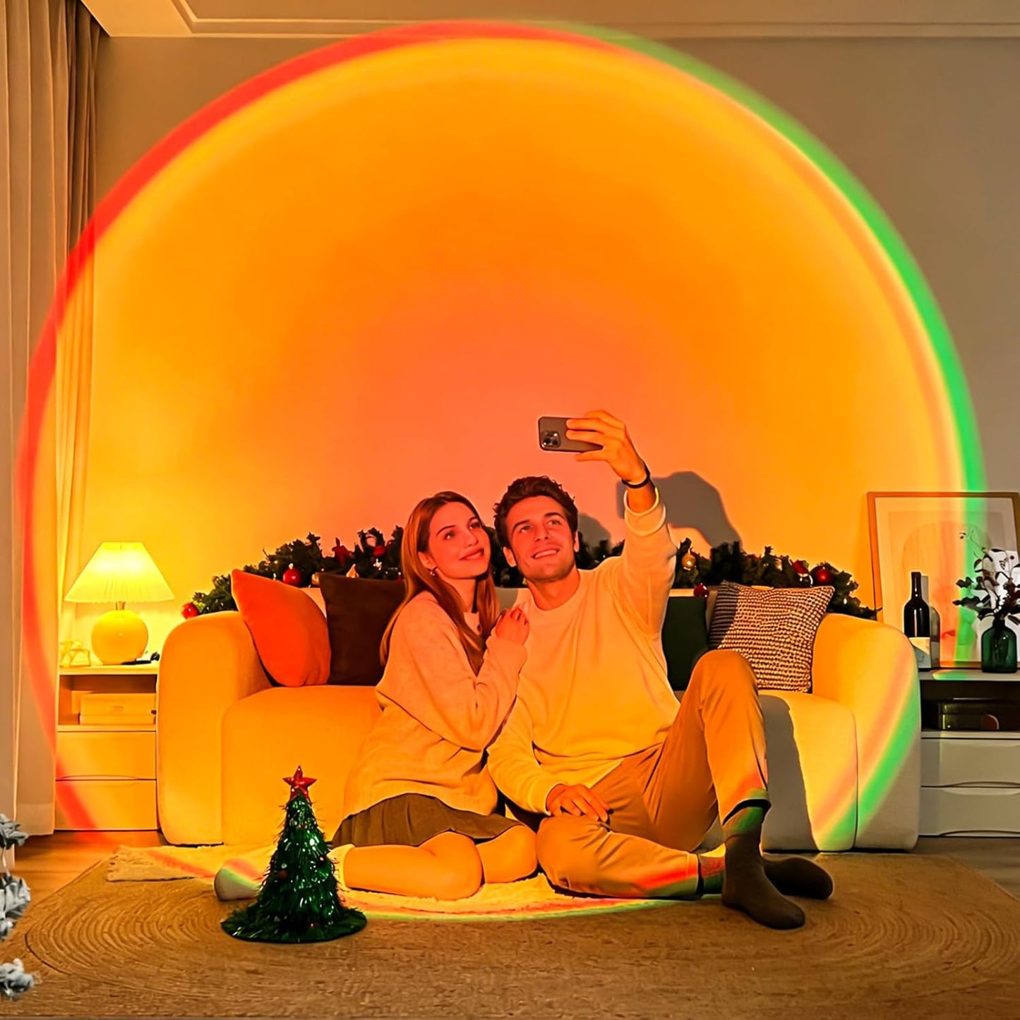 Sunset Lamp Projection Rotation Rainbow Lamp Led Romantic Visual Led Light Network Red Light with USB Modern Floor Stand Night Light Living Room Bedroom Decor (Sunset Red)