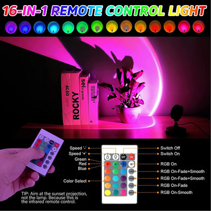 Sunset Lamp Projection Rotation Rainbow Lamp Led Romantic Visual Led Light Network Red Light with USB Modern Floor Stand Night Light Living Room Bedroom Decor (Sunset Red)