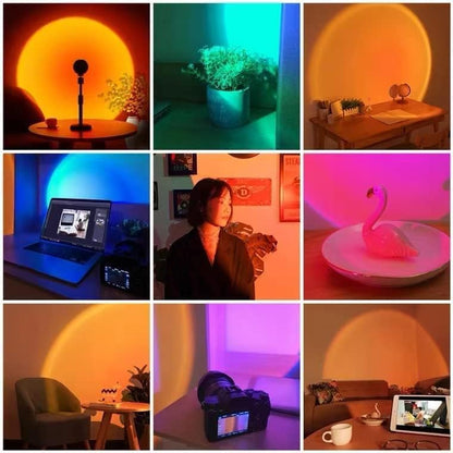 Sunset Lamp Projection Rotation Rainbow Lamp Led Romantic Visual Led Light Network Red Light with USB Modern Floor Stand Night Light Living Room Bedroom Decor (Sunset Red)