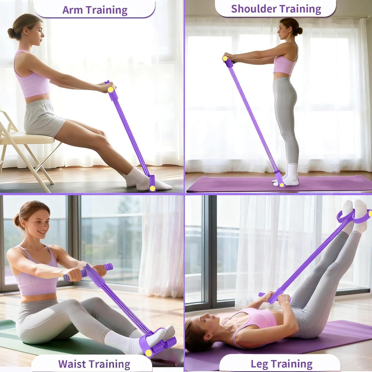 Pedal Resistance Bands with Handles, Durable 6-Tubes Multifunction Resistance Band, Natural Rubber Foot Pedal Resistance Bands, Fitness Resistance Bands for Abdomen, Waist, Arm, Leg, Pilates (Purple)