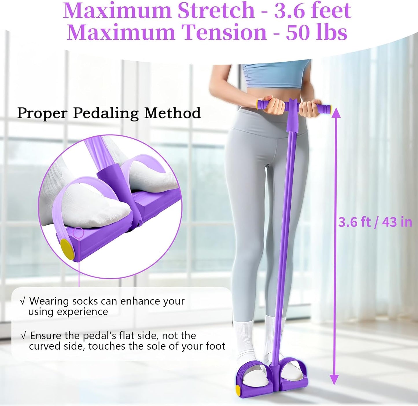 Pedal Resistance Bands with Handles, Durable 6-Tubes Multifunction Resistance Band, Natural Rubber Foot Pedal Resistance Bands, Fitness Resistance Bands for Abdomen, Waist, Arm, Leg, Pilates (Purple)