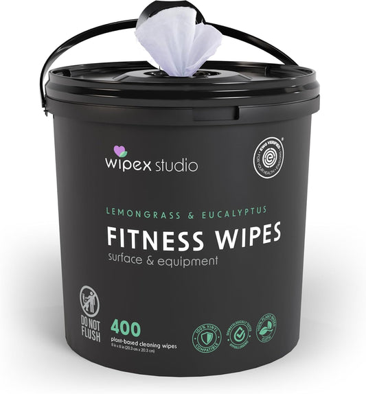 Yoga Mat Cleaner Wipes, EWG Verified, 400 Ct Plant-Based Lemongrass, Eucalyptus & Vinegar Wipes for Gym & Fitness Equipment & All Purpose Gym Cleaning - Safe for Peloton Bikes & Treadmills