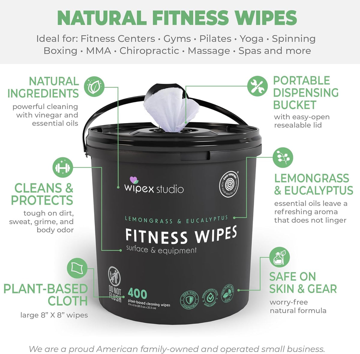 Yoga Mat Cleaner Wipes, EWG Verified, 400 Ct Plant-Based Lemongrass, Eucalyptus & Vinegar Wipes for Gym & Fitness Equipment & All Purpose Gym Cleaning - Safe for Peloton Bikes & Treadmills