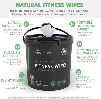 Yoga Mat Cleaner Wipes, EWG Verified, 400 Ct Plant-Based Lemongrass, Eucalyptus & Vinegar Wipes for Gym & Fitness Equipment & All Purpose Gym Cleaning - Safe for Peloton Bikes & Treadmills