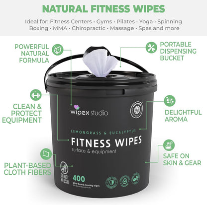 Yoga Mat Cleaner Wipes, EWG Verified, 400 Ct Plant-Based Lemongrass, Eucalyptus & Vinegar Wipes for Gym & Fitness Equipment & All Purpose Gym Cleaning - Safe for Peloton Bikes & Treadmills