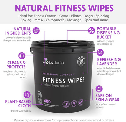 Yoga Mat Cleaner Wipes, EWG Verified, 400 Ct Plant-Based Lemongrass, Eucalyptus & Vinegar Wipes for Gym & Fitness Equipment & All Purpose Gym Cleaning - Safe for Peloton Bikes & Treadmills