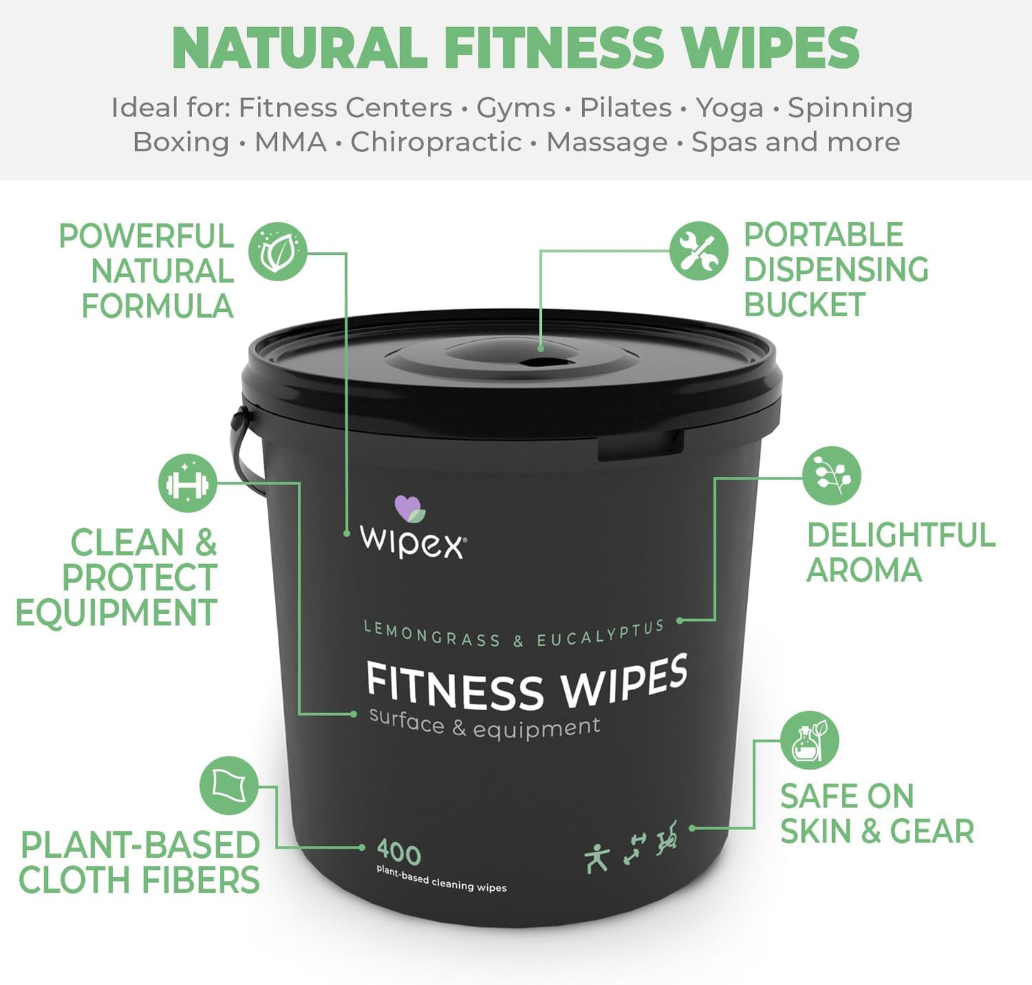 Yoga Mat Cleaner Wipes, EWG Verified, 400 Ct Plant-Based Lemongrass, Eucalyptus & Vinegar Wipes for Gym & Fitness Equipment & All Purpose Gym Cleaning - Safe for Peloton Bikes & Treadmills
