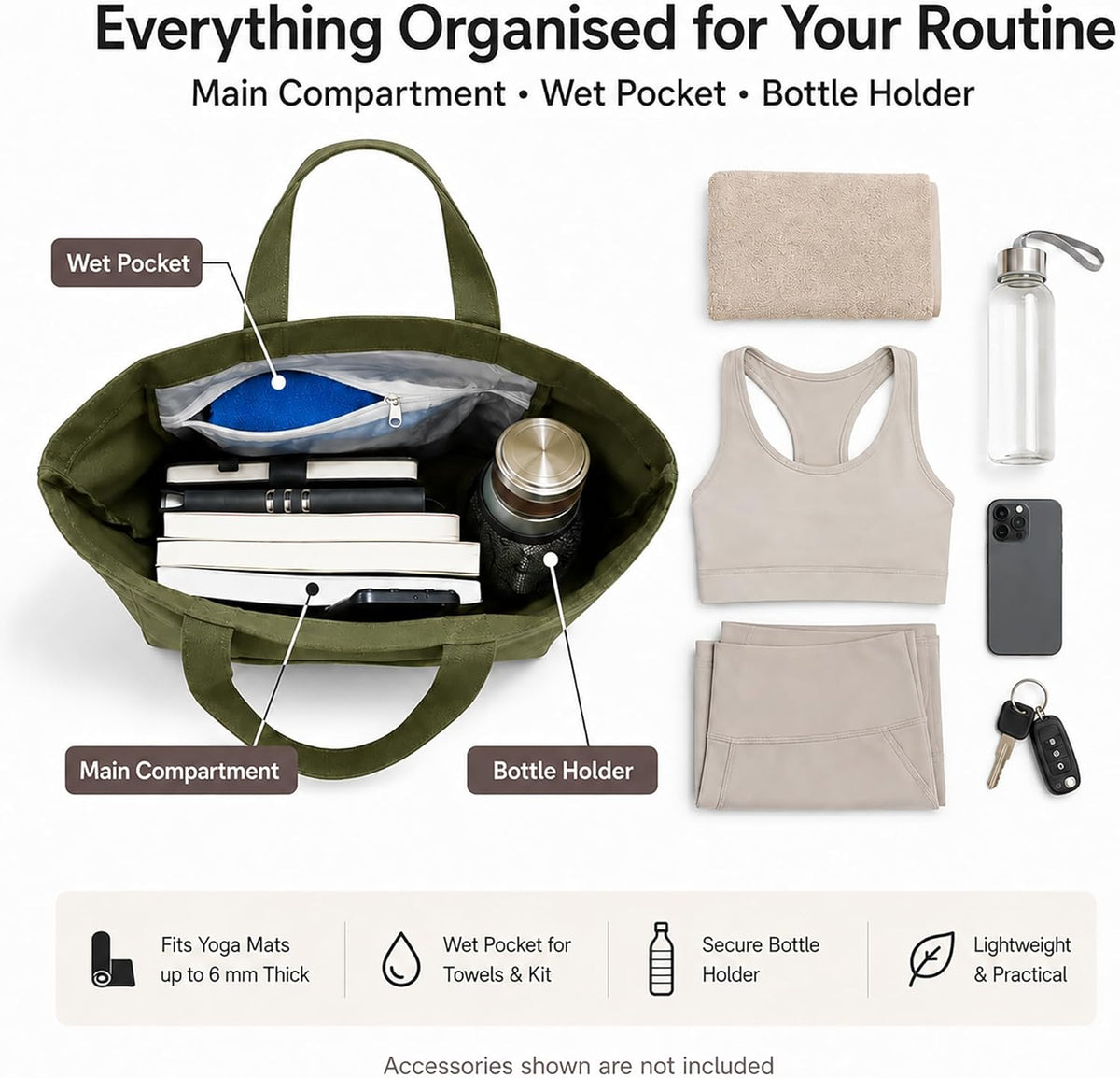Yoga Mat Bag for Women, Pure Cotton Canvas Yoga Tote with Wet/Dry Pocket, Bottle Holder & Inner Zipper Pocket, Yoga Mat Carrier Bag for Pilates, Gym, Travel, Beach