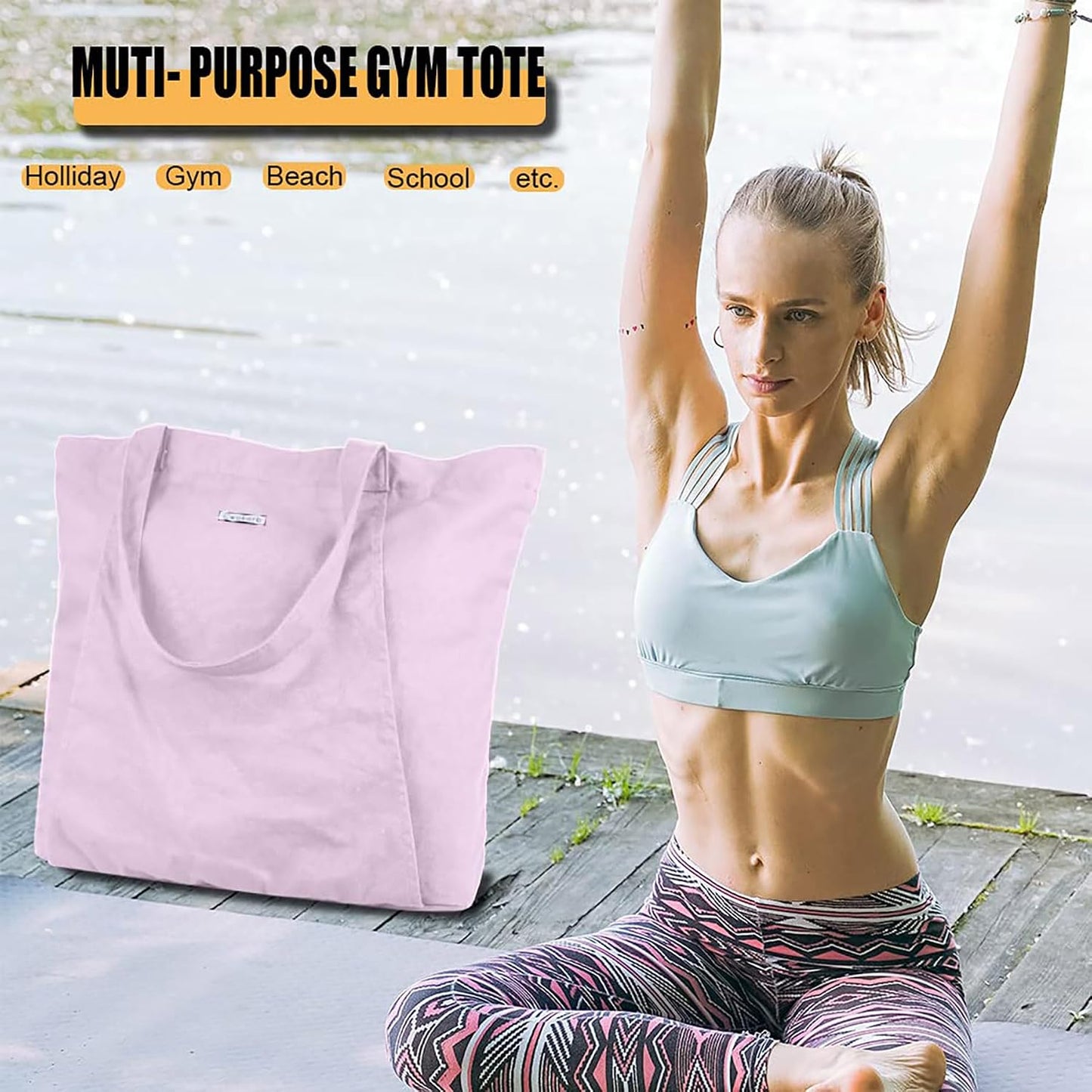 Yoga Mat Bag for Women, Pure Cotton Canvas Yoga Tote with Wet/Dry Pocket, Bottle Holder & Inner Zipper Pocket, Yoga Mat Carrier Bag for Pilates, Gym, Travel, Beach