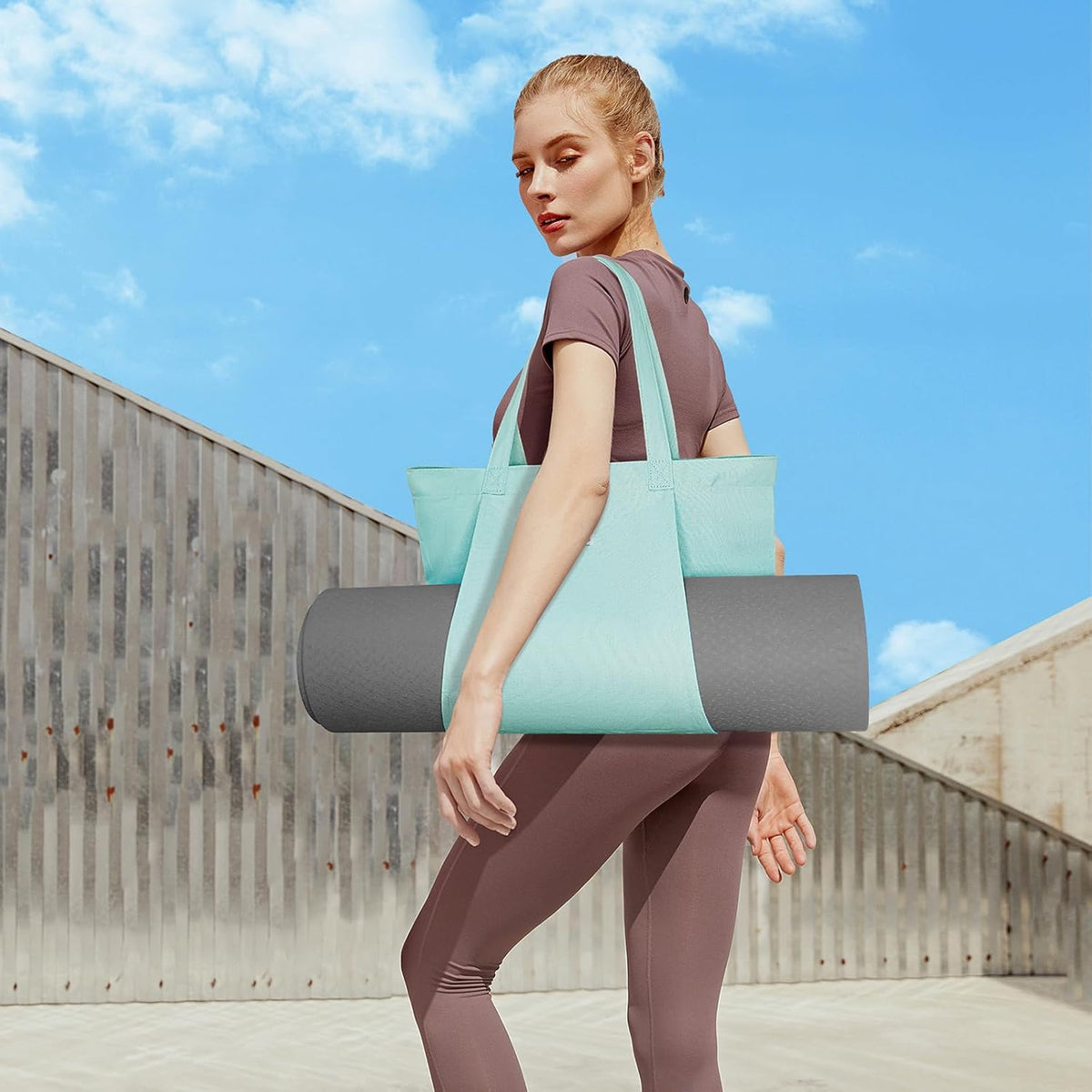 Yoga Mat Bag for Women, Pure Cotton Canvas Yoga Tote with Wet/Dry Pocket, Bottle Holder & Inner Zipper Pocket, Yoga Mat Carrier Bag for Pilates, Gym, Travel, Beach