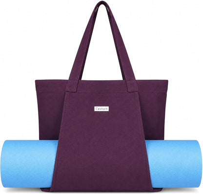 Yoga Mat Bag for Women, Pure Cotton Canvas Yoga Tote with Wet/Dry Pocket, Bottle Holder & Inner Zipper Pocket, Yoga Mat Carrier Bag for Pilates, Gym, Travel, Beach