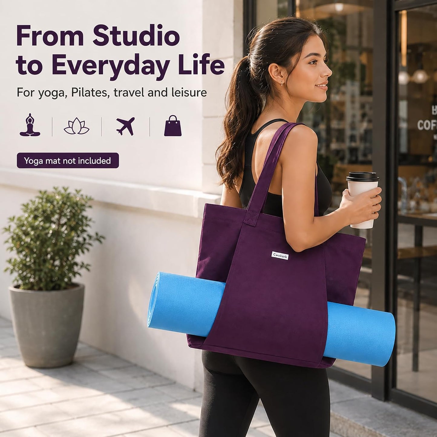 Yoga Mat Bag for Women, Pure Cotton Canvas Yoga Tote with Wet/Dry Pocket, Bottle Holder & Inner Zipper Pocket, Yoga Mat Carrier Bag for Pilates, Gym, Travel, Beach