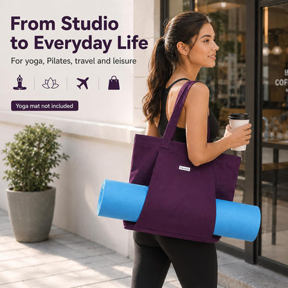 Yoga Mat Bag for Women, Pure Cotton Canvas Yoga Tote with Wet/Dry Pocket, Bottle Holder & Inner Zipper Pocket, Yoga Mat Carrier Bag for Pilates, Gym, Travel, Beach