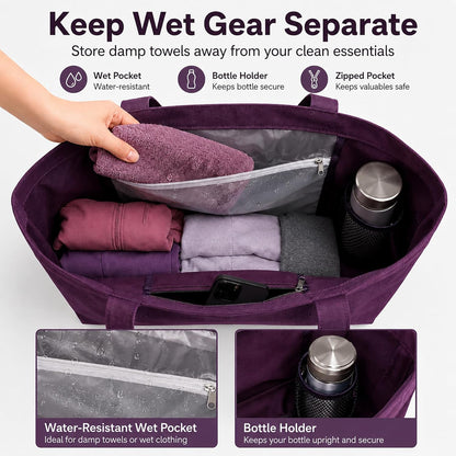 Yoga Mat Bag for Women, Pure Cotton Canvas Yoga Tote with Wet/Dry Pocket, Bottle Holder & Inner Zipper Pocket, Yoga Mat Carrier Bag for Pilates, Gym, Travel, Beach