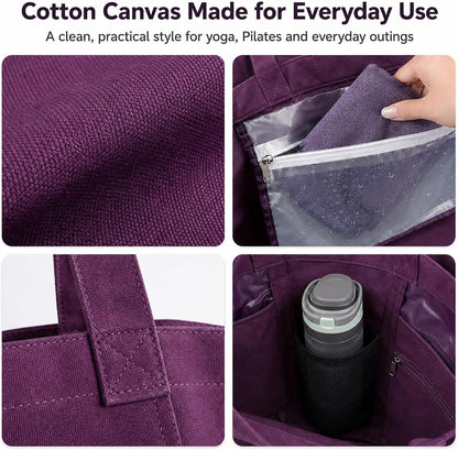 Yoga Mat Bag for Women, Pure Cotton Canvas Yoga Tote with Wet/Dry Pocket, Bottle Holder & Inner Zipper Pocket, Yoga Mat Carrier Bag for Pilates, Gym, Travel, Beach