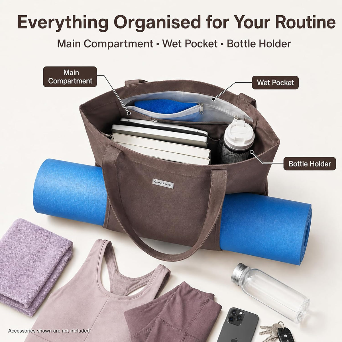 Yoga Mat Bag for Women, Pure Cotton Canvas Yoga Tote with Wet/Dry Pocket, Bottle Holder & Inner Zipper Pocket, Yoga Mat Carrier Bag for Pilates, Gym, Travel, Beach