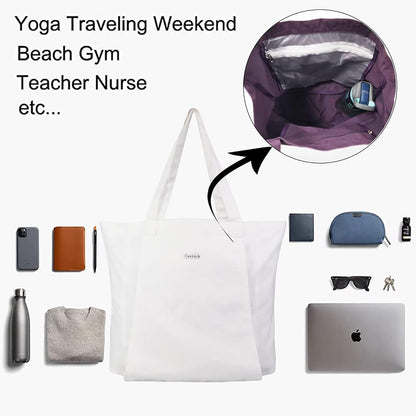 Yoga Mat Bag for Women, Pure Cotton Canvas Yoga Tote with Wet/Dry Pocket, Bottle Holder & Inner Zipper Pocket, Yoga Mat Carrier Bag for Pilates, Gym, Travel, Beach