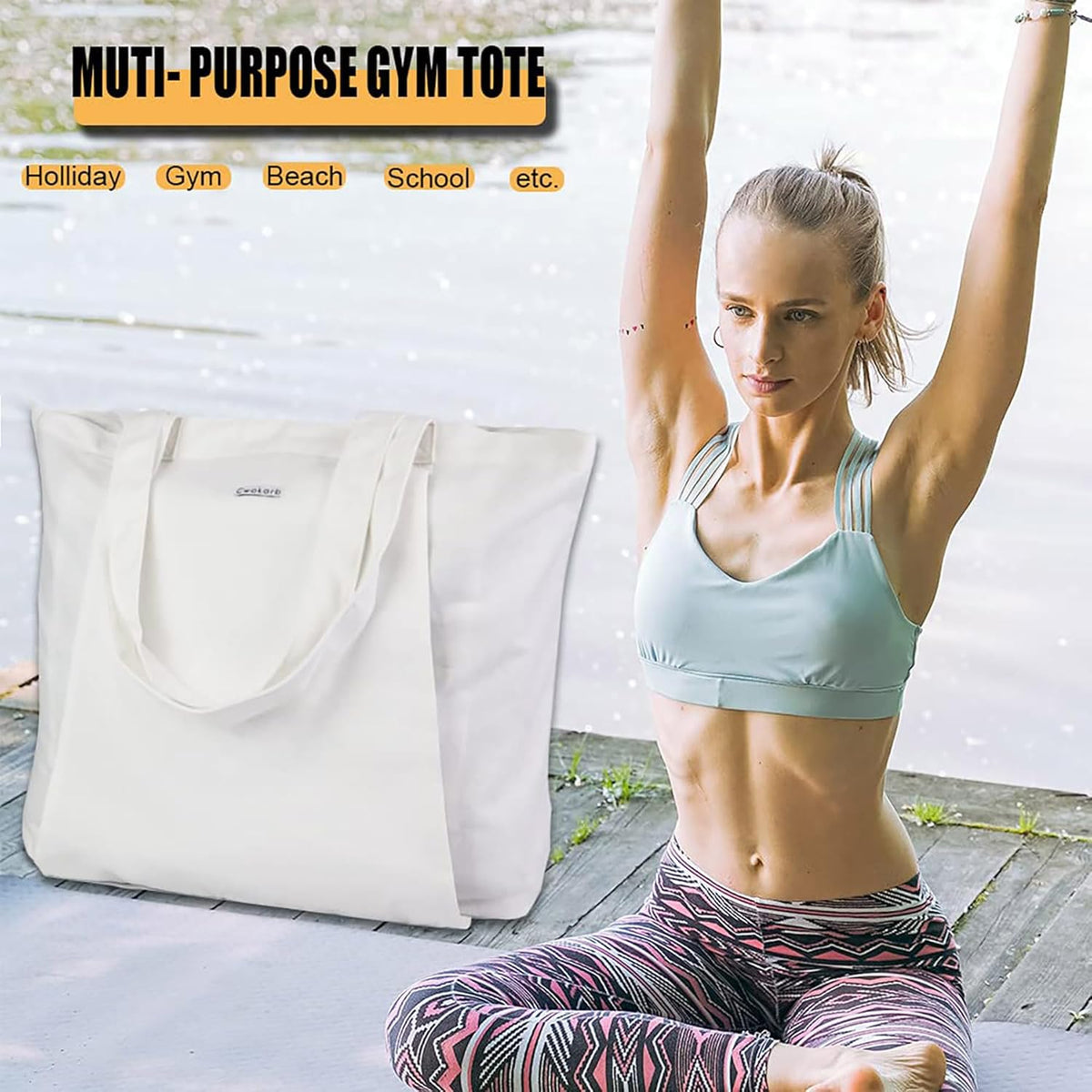 Yoga Mat Bag for Women, Pure Cotton Canvas Yoga Tote with Wet/Dry Pocket, Bottle Holder & Inner Zipper Pocket, Yoga Mat Carrier Bag for Pilates, Gym, Travel, Beach