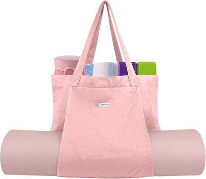 Yoga Mat Bag for Women, Pure Cotton Canvas Yoga Tote with Wet/Dry Pocket, Bottle Holder & Inner Zipper Pocket, Yoga Mat Carrier Bag for Pilates, Gym, Travel, Beach