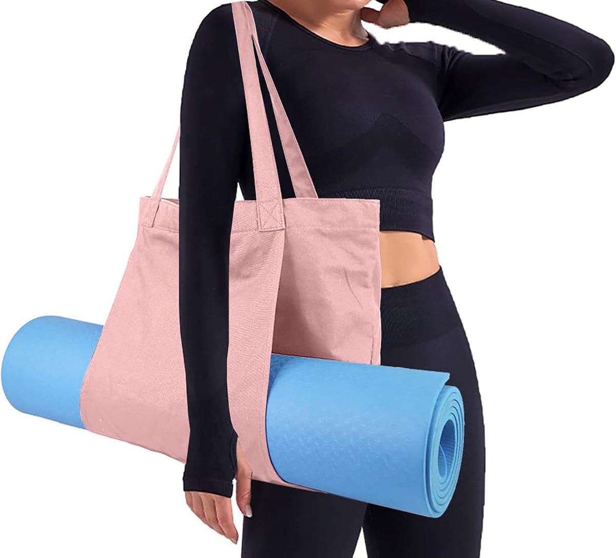 Yoga Mat Bag for Women, Pure Cotton Canvas Yoga Tote with Wet/Dry Pocket, Bottle Holder & Inner Zipper Pocket, Yoga Mat Carrier Bag for Pilates, Gym, Travel, Beach