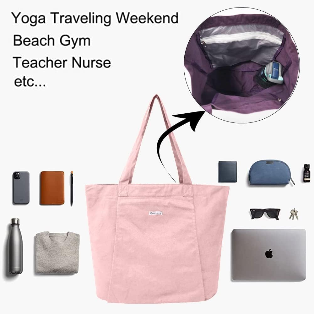 Yoga Mat Bag for Women, Pure Cotton Canvas Yoga Tote with Wet/Dry Pocket, Bottle Holder & Inner Zipper Pocket, Yoga Mat Carrier Bag for Pilates, Gym, Travel, Beach
