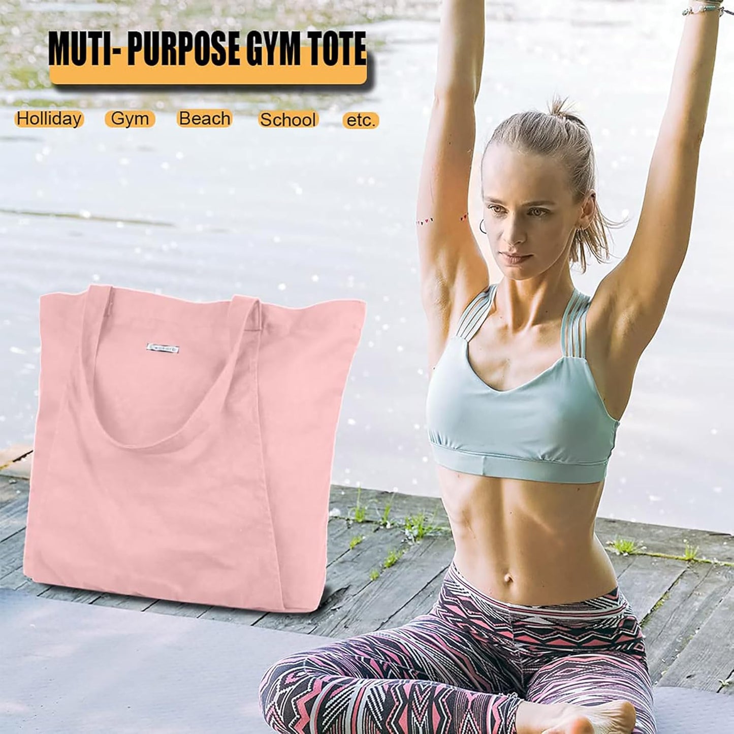 Yoga Mat Bag for Women, Pure Cotton Canvas Yoga Tote with Wet/Dry Pocket, Bottle Holder & Inner Zipper Pocket, Yoga Mat Carrier Bag for Pilates, Gym, Travel, Beach
