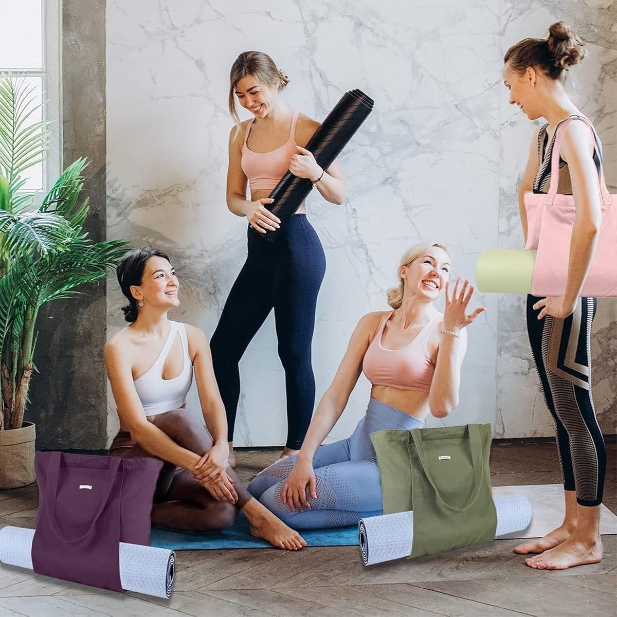 Yoga Mat Bag for Women, Pure Cotton Canvas Yoga Tote with Wet/Dry Pocket, Bottle Holder & Inner Zipper Pocket, Yoga Mat Carrier Bag for Pilates, Gym, Travel, Beach