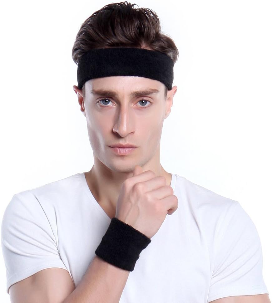 Sweatbands Sports Headband for Men & Women - Moisture Wicking Athletic Cotton Terry Cloth Sweatband for Tennis, Basketball, Running, Gym, Working Out