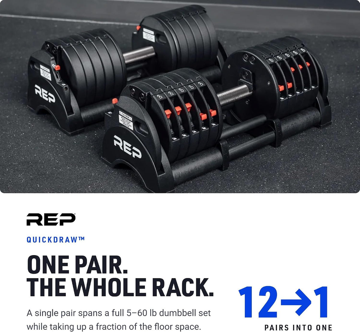 QuickDraw Adjustable Dumbbell Set, Pair, 30/40/50/60 lb Each, Steel Plates, Knurled Handle, Lock-N-Load Switch, Space-Saving Compact Free Weights, Strength Training, Home Gym, Men & Women