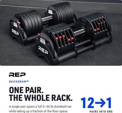 QuickDraw Adjustable Dumbbell Set, Pair, 30/40/50/60 lb Each, Steel Plates, Knurled Handle, Lock-N-Load Switch, Space-Saving Compact Free Weights, Strength Training, Home Gym, Men & Women