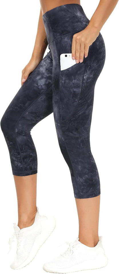 Thick High Waist Capris Yoga Pants with Pockets, Tummy Control Workout Running Yoga Leggings for Women