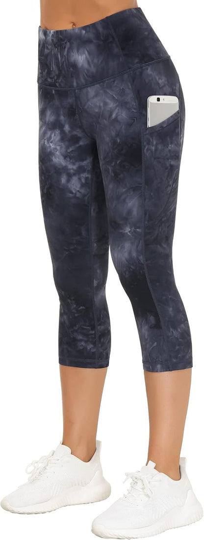 Thick High Waist Capris Yoga Pants with Pockets, Tummy Control Workout Running Yoga Leggings for Women