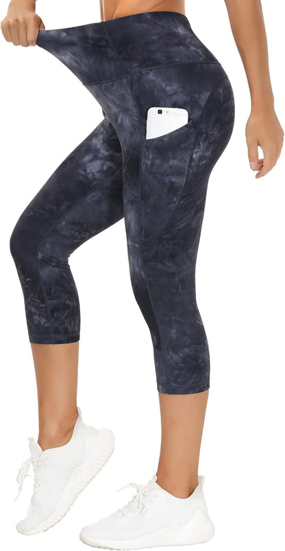Thick High Waist Capris Yoga Pants with Pockets, Tummy Control Workout Running Yoga Leggings for Women